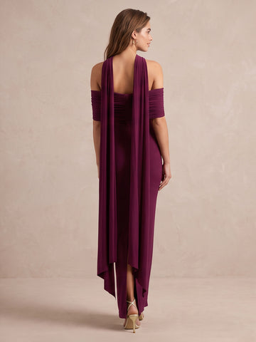 Plum Sheath Ankle Length Luxe Stretch Jersey Wedding Guest Dresses Off Shoulder Formal Dresses