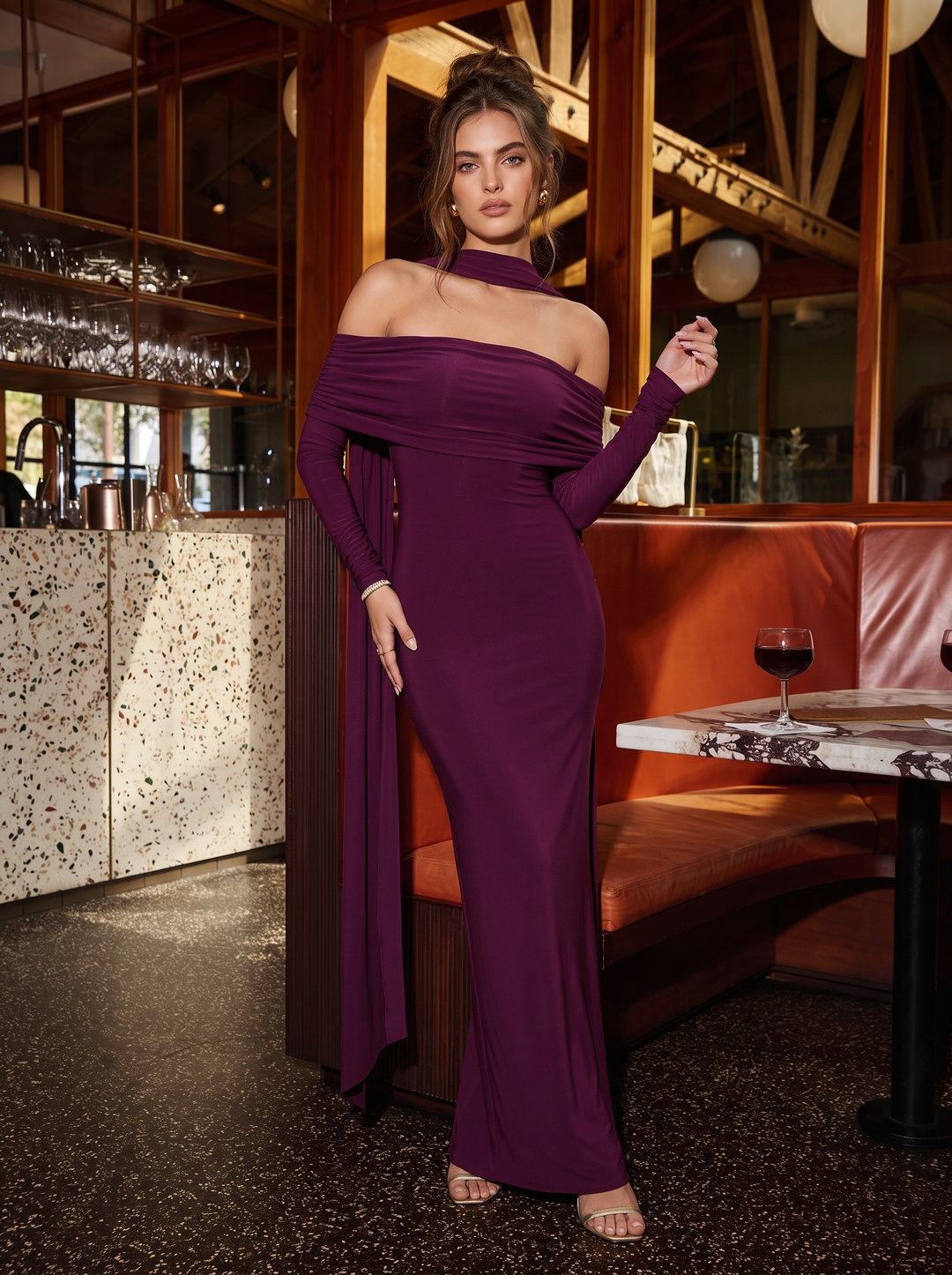 Plum Sheath Ankle Length Luxe Stretch Jersey Wedding Guest Dresses Off Shoulder Formal Dresses