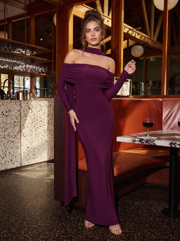 Plum Sheath Ankle Length Luxe Stretch Jersey Wedding Guest Dresses Off Shoulder Formal Dresses