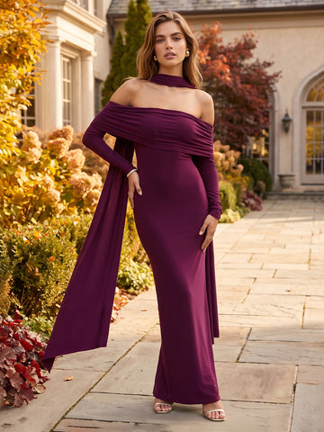 Plum Sheath Ankle Length Luxe Stretch Jersey Wedding Guest Dresses Off Shoulder Formal Dresses