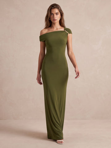 Olive Green Sheath Floor Length Luxe Stretch Jersey Wedding Guest Dresses Asymmetric Off Shoulder Formal Dresses