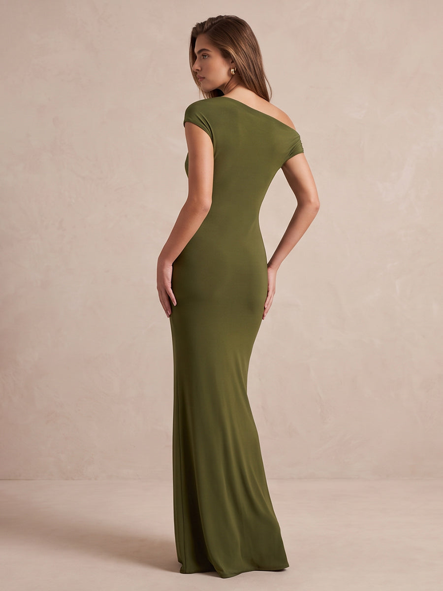 Olive Green Sheath Floor Length Luxe Stretch Jersey Wedding Guest Dresses Asymmetric Off Shoulder Formal Dresses