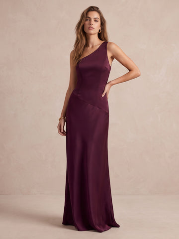 Plum Sheath Floor Length Satin Wedding Guest Dresses One Shoulder Formal Dresses