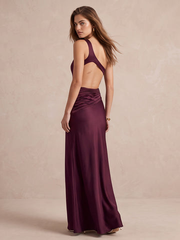 Plum Sheath Floor Length Satin Wedding Guest Dresses One Shoulder Formal Dresses