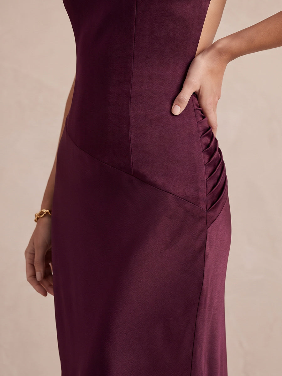 Plum Sheath Floor Length Satin Wedding Guest Dresses One Shoulder Formal Dresses