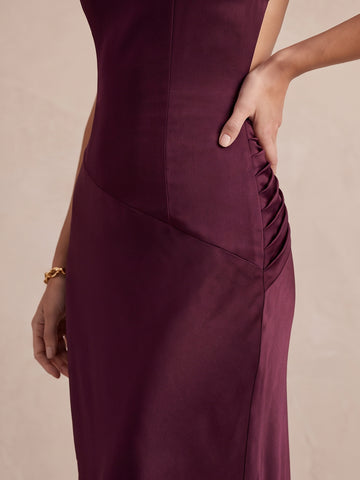 Plum Sheath Floor Length Satin Wedding Guest Dresses One Shoulder Formal Dresses