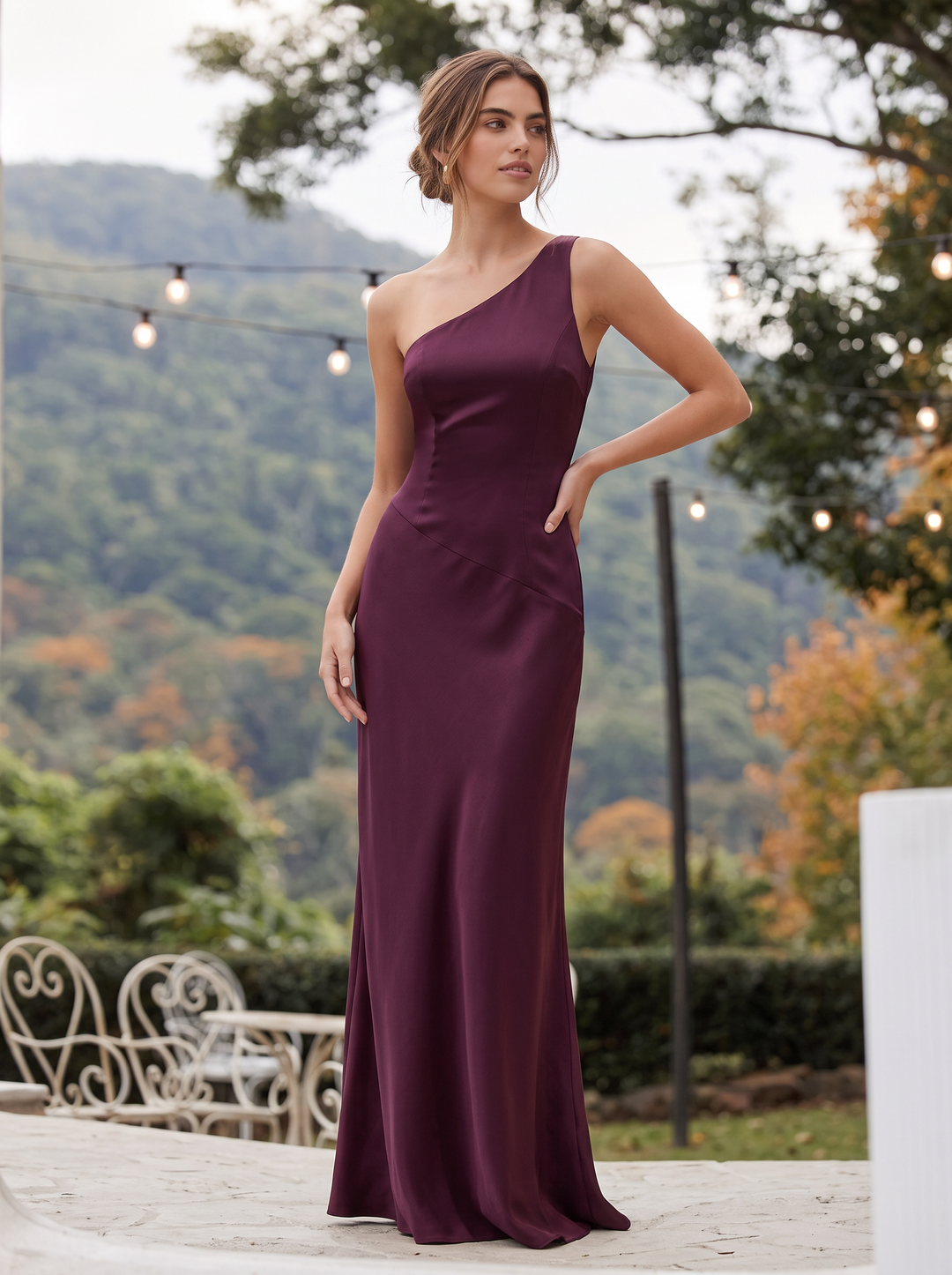 Plum Sheath Floor Length Satin Wedding Guest Dresses One Shoulder Formal Dresses