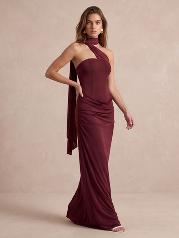 Burgundy Sheath Floor Length Luxe Stretch Jersey Wedding Guest Dresses Halter Crisscross Neck Formal Dresses