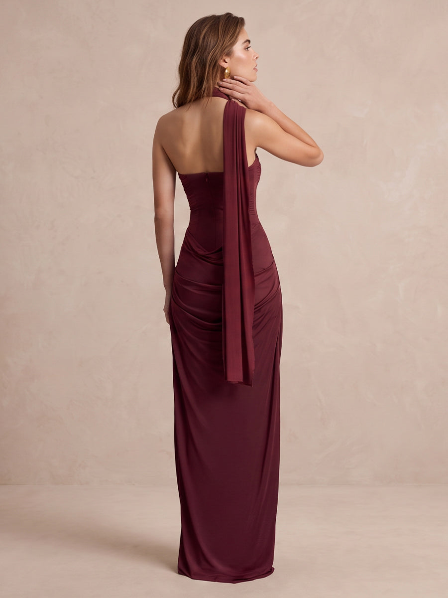 Burgundy Sheath Floor Length Luxe Stretch Jersey Wedding Guest Dresses Halter Crisscross Neck Formal Dresses Plus Size