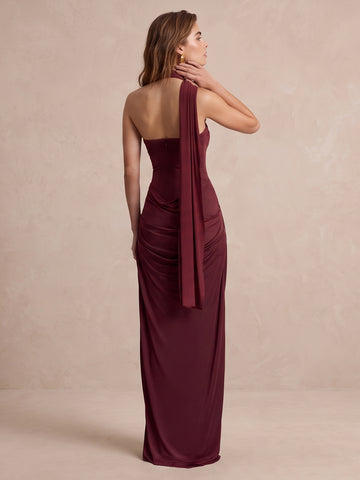 Burgundy Sheath Floor Length Luxe Stretch Jersey Wedding Guest Dresses Halter Crisscross Neck Formal Dresses Plus Size