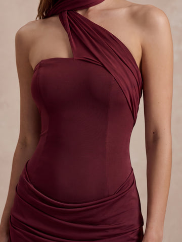Burgundy Sheath Floor Length Luxe Stretch Jersey Wedding Guest Dresses Halter Crisscross Neck Formal Dresses Plus Size