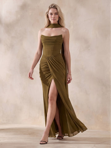 Olive Green Sheath Ankle Length Chiffon Wedding Guest Dresses Strapless With Neck Scarf Formal Dresses