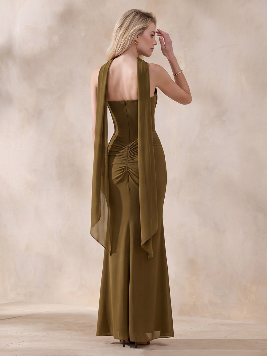 Olive Green Sheath Ankle Length Chiffon Wedding Guest Dresses Strapless With Neck Scarf Formal Dresses