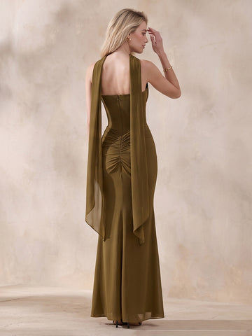 Olive Green Sheath Ankle Length Chiffon Wedding Guest Dresses Strapless With Neck Scarf Formal Dresses