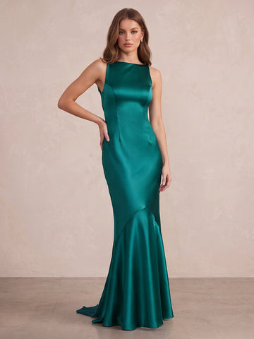 Peacock Mermaid Floor Length Satin Wedding Guest Dresses Boat Neck Formal Dresses