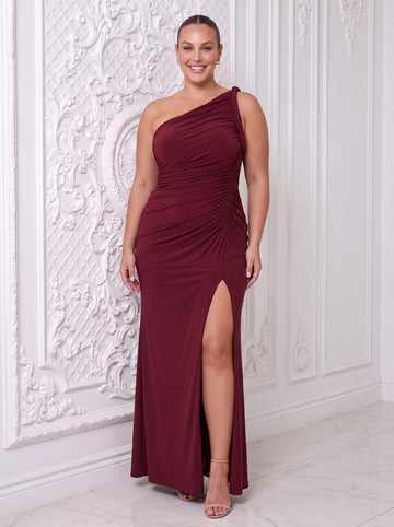 Burgundy Sheath Ankle Length Luxe Stretch jersey Wedding Guest Dresses One Shoulder Formal Dresses Plus