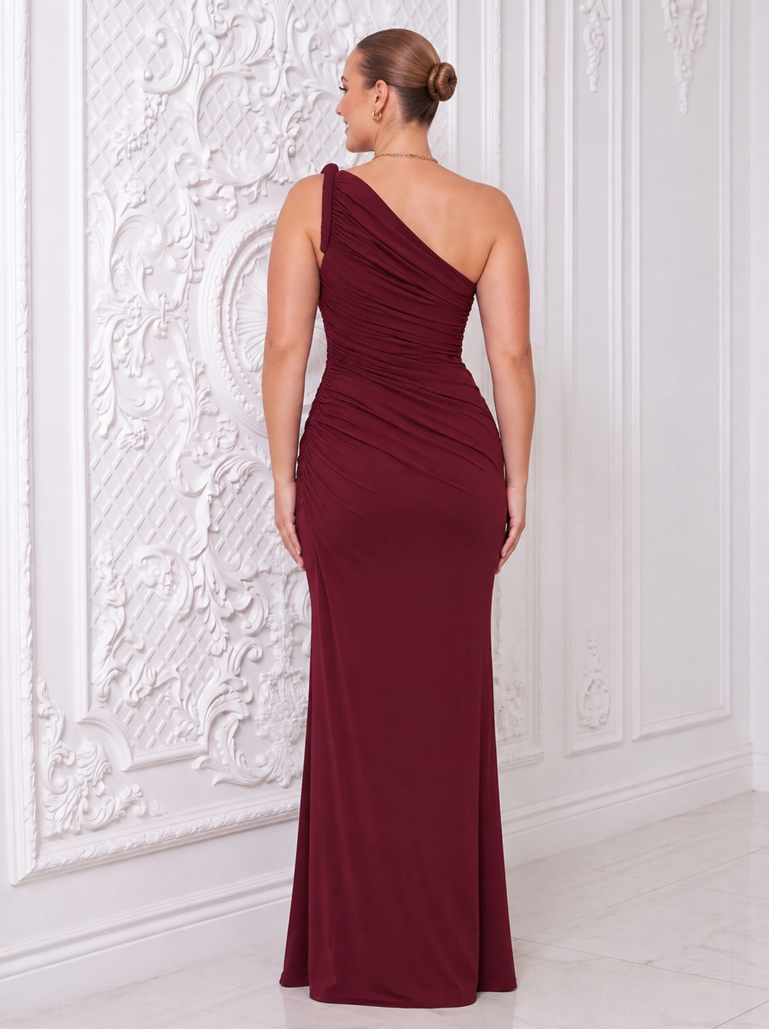 Burgundy Sheath Ankle Length Luxe Stretch jersey Wedding Guest Dresses One Shoulder Formal Dresses Plus