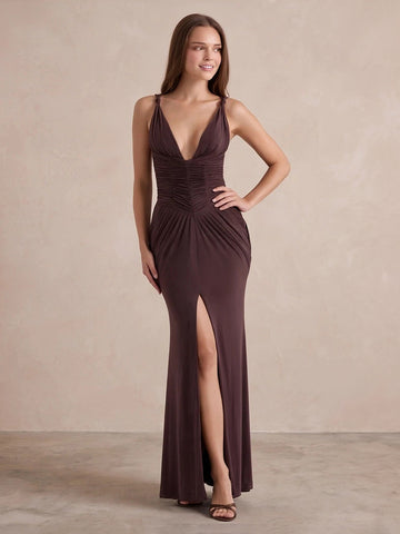 Dark Brown Mermaid Ankle Length Luxe Stretch jersey Wedding Guest Dresses Deep V Spaghetti Strap Formal Dresses