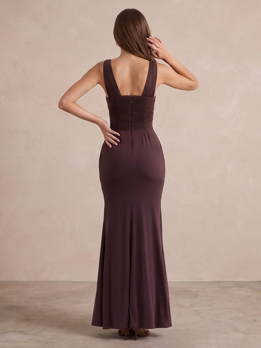 Dark Brown Mermaid Ankle Length Luxe Stretch jersey Wedding Guest Dresses Deep V Spaghetti Strap Formal Dresses
