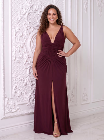 Burgundy Mermaid Ankle Length Luxe Stretch jersey Wedding Guest Dresses Deep V Spaghetti Strap Formal Dresses Plus Size