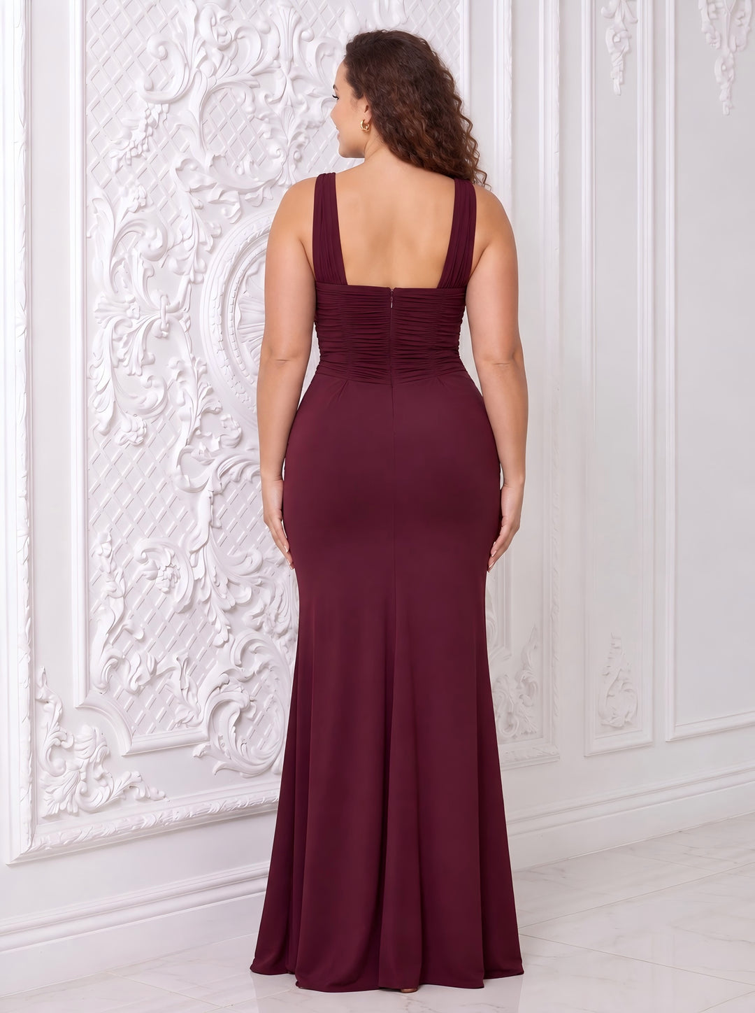 Burgundy Mermaid Ankle Length Luxe Stretch jersey Wedding Guest Dresses Deep V Spaghetti Strap Formal Dresses Plus Size