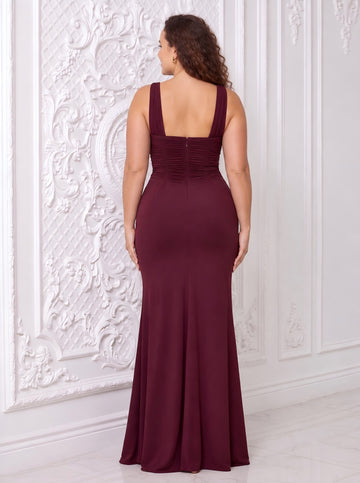 Burgundy Mermaid Ankle Length Luxe Stretch jersey Wedding Guest Dresses Deep V Spaghetti Strap Formal Dresses Plus Size