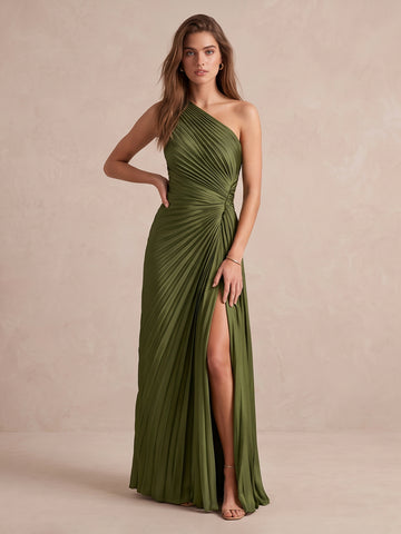Olive Green A Line Floor Length Pleated Satin Wedding Guest Dresses One Shoulder Formal Dresses