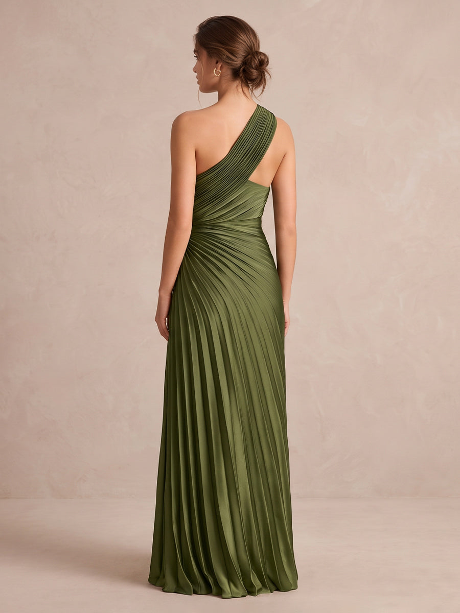 Olive Green A Line Floor Length Pleated Satin Wedding Guest Dresses One Shoulder Formal Dresses Plus Size