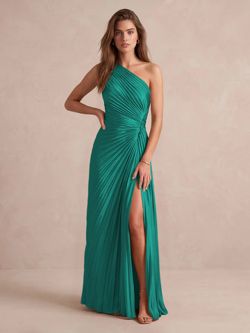 Olive Green A Line Floor Length Pleated Satin Wedding Guest Dresses One Shoulder Formal Dresses