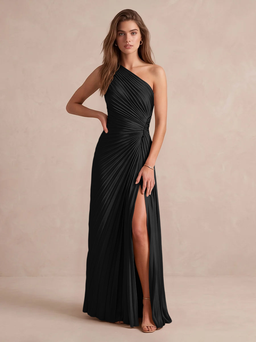 Olive Green A Line Floor Length Pleated Satin Wedding Guest Dresses One Shoulder Formal Dresses