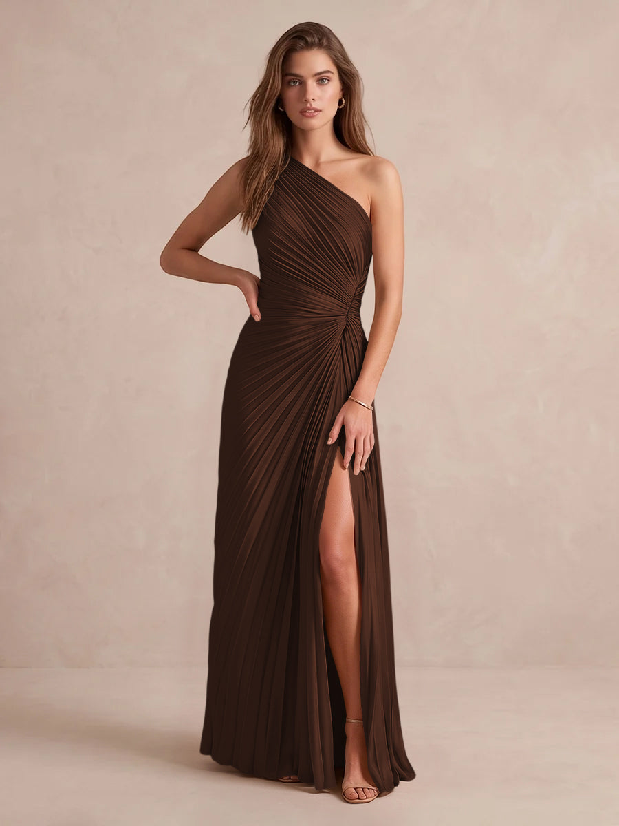 Olive Green A Line Floor Length Pleated Satin Wedding Guest Dresses One Shoulder Formal Dresses
