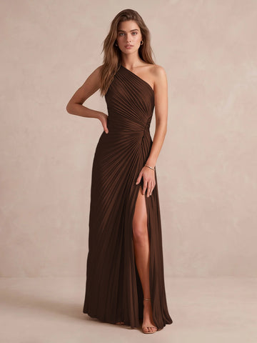 Olive Green A Line Floor Length Pleated Satin Wedding Guest Dresses One Shoulder Formal Dresses