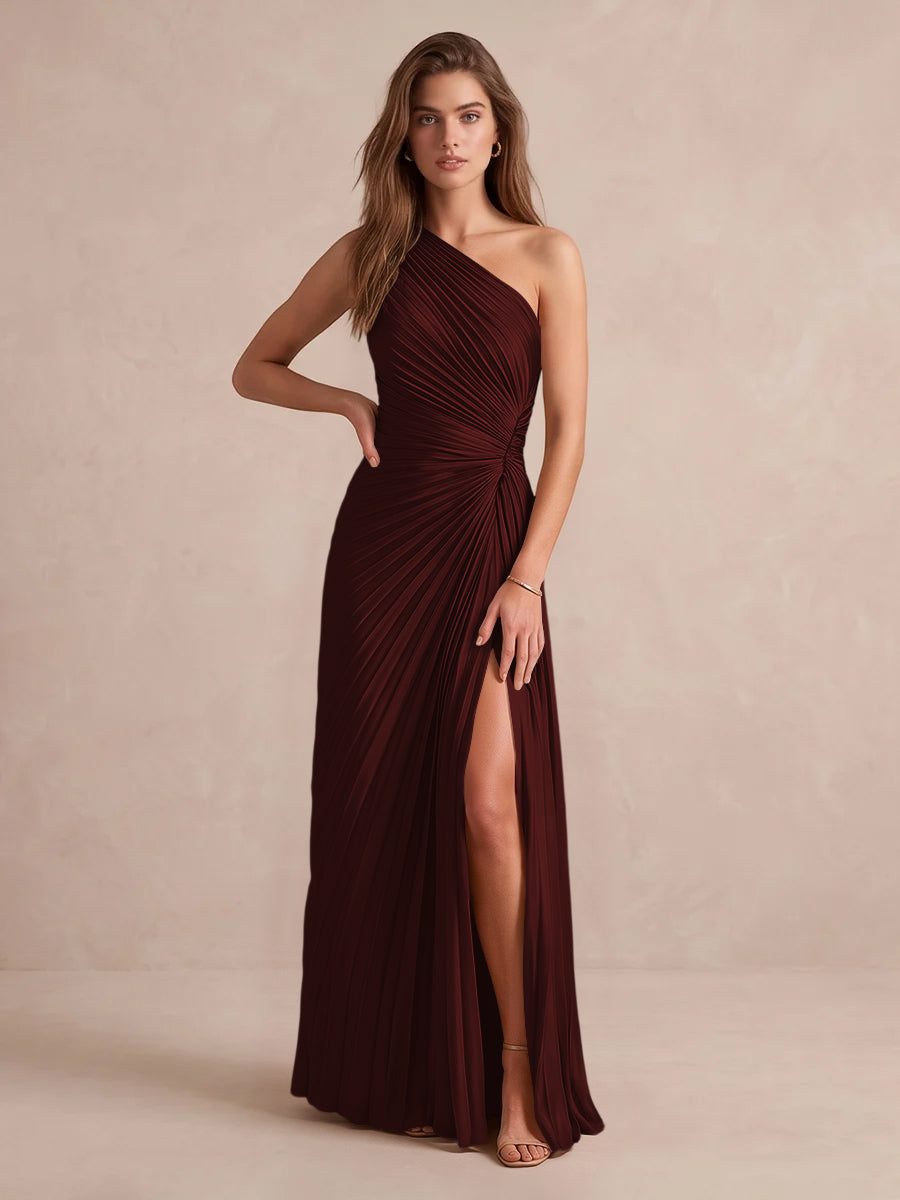 Olive Green A Line Floor Length Pleated Satin Wedding Guest Dresses One Shoulder Formal Dresses
