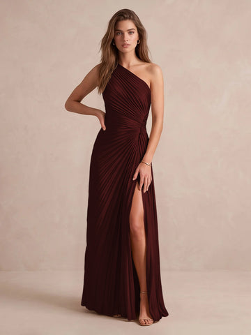 Olive Green A Line Floor Length Pleated Satin Wedding Guest Dresses One Shoulder Formal Dresses