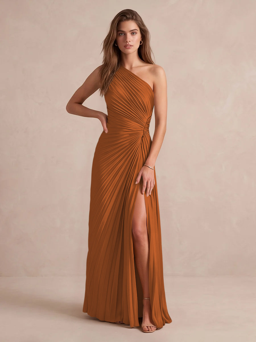 Olive Green A Line Floor Length Pleated Satin Wedding Guest Dresses One Shoulder Formal Dresses