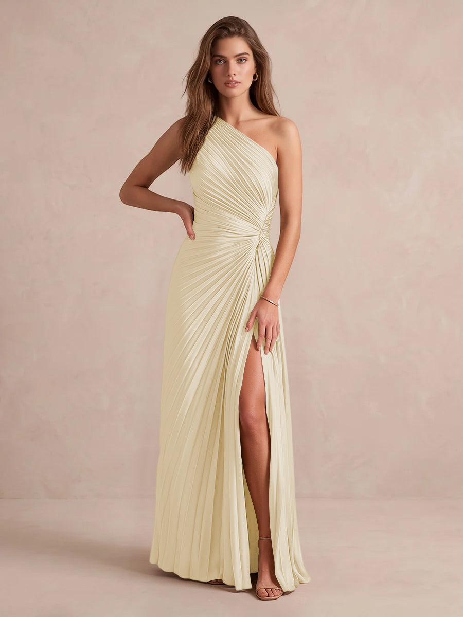 Olive Green A Line Floor Length Pleated Satin Wedding Guest Dresses One Shoulder Formal Dresses