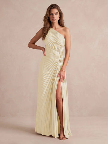 Olive Green A Line Floor Length Pleated Satin Wedding Guest Dresses One Shoulder Formal Dresses