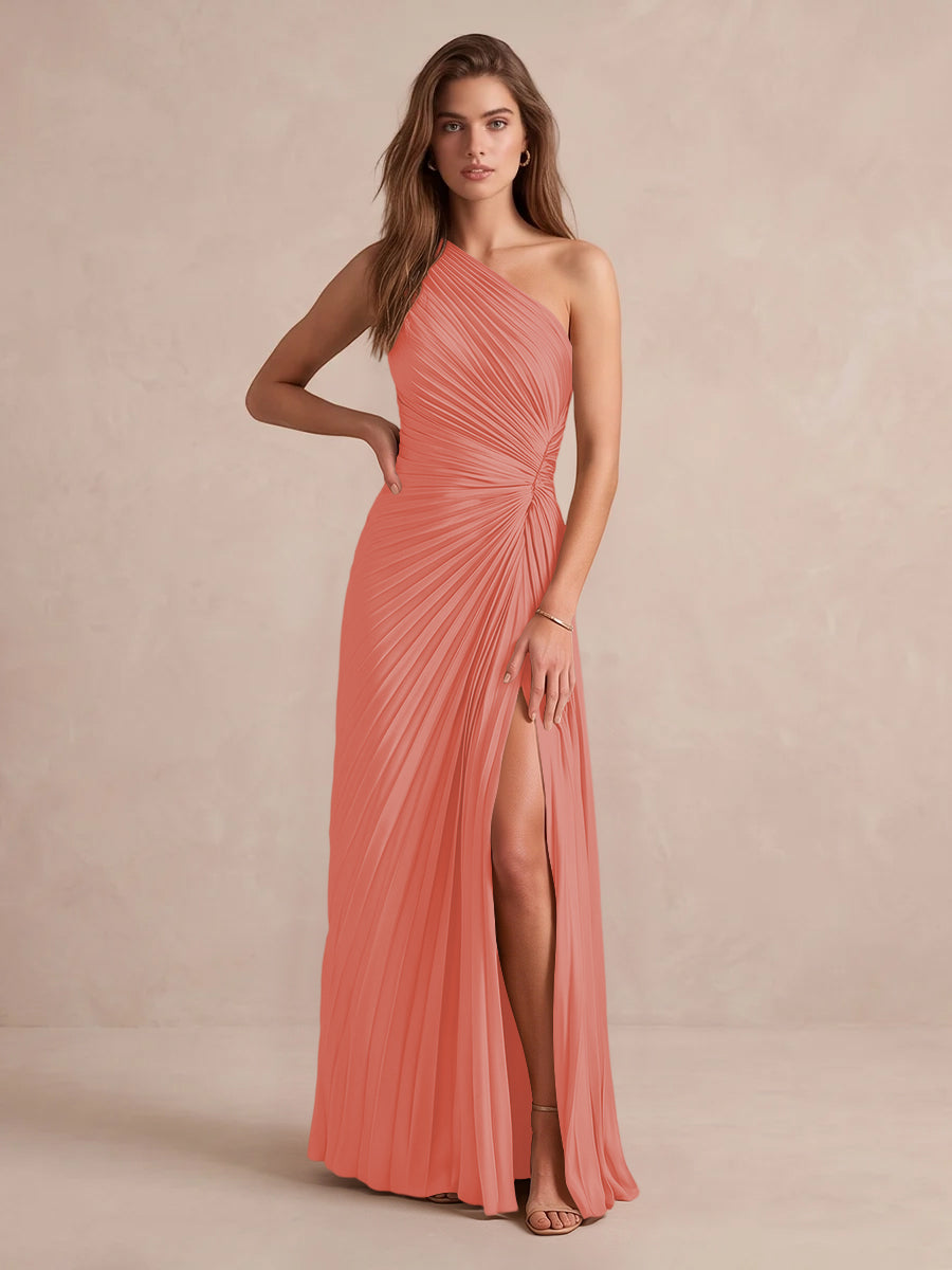 Olive Green A Line Floor Length Pleated Satin Wedding Guest Dresses One Shoulder Formal Dresses