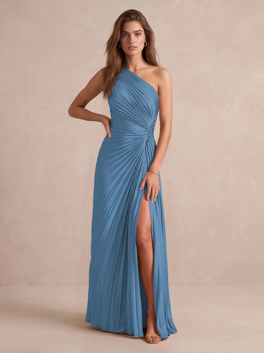 Olive Green A Line Floor Length Pleated Satin Wedding Guest Dresses One Shoulder Formal Dresses