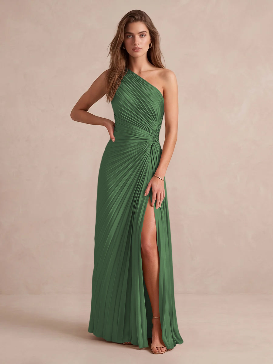 Olive Green A Line Floor Length Pleated Satin Wedding Guest Dresses One Shoulder Formal Dresses