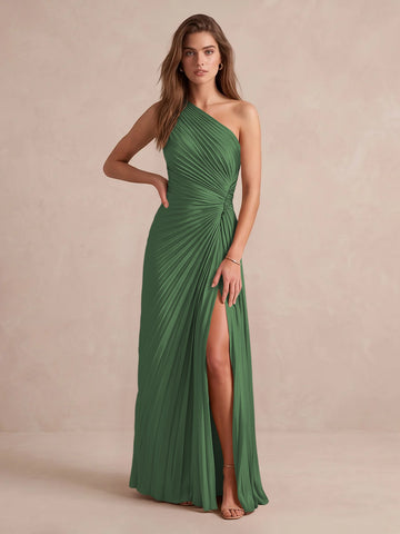 Olive Green A Line Floor Length Pleated Satin Wedding Guest Dresses One Shoulder Formal Dresses