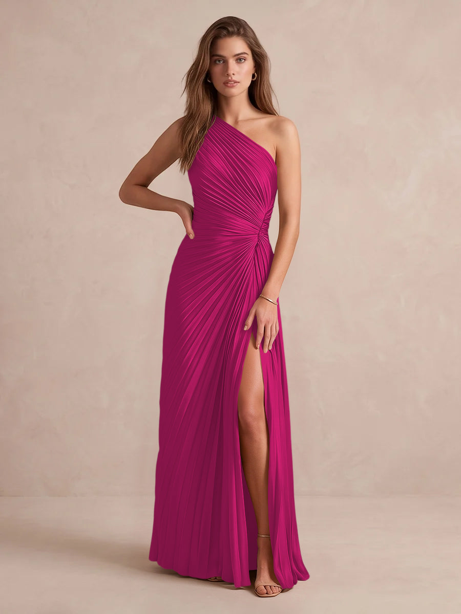 Olive Green A Line Floor Length Pleated Satin Wedding Guest Dresses One Shoulder Formal Dresses