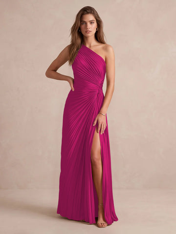 Olive Green A Line Floor Length Pleated Satin Wedding Guest Dresses One Shoulder Formal Dresses