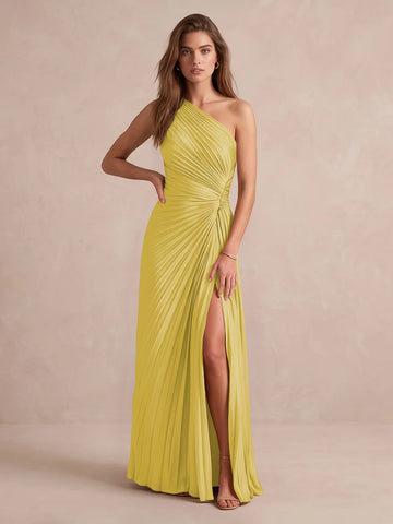 Olive Green A Line Floor Length Pleated Satin Wedding Guest Dresses One Shoulder Formal Dresses