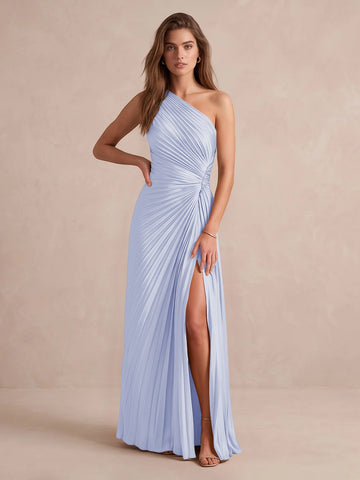 Olive Green A Line Floor Length Pleated Satin Wedding Guest Dresses One Shoulder Formal Dresses