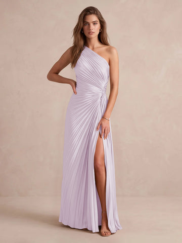Olive Green A Line Floor Length Pleated Satin Wedding Guest Dresses One Shoulder Formal Dresses
