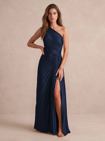 Olive Green A Line Floor Length Pleated Satin Wedding Guest Dresses One Shoulder Formal Dresses