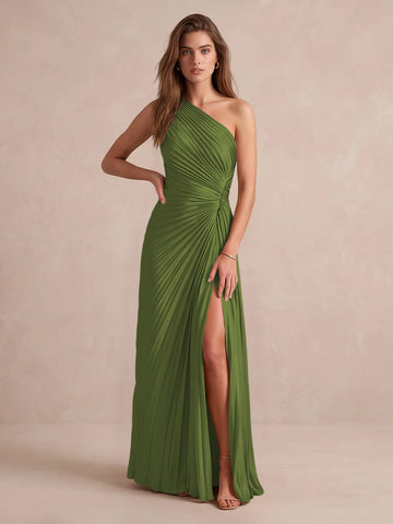 Olive Green A Line Floor Length Pleated Satin Wedding Guest Dresses One Shoulder Formal Dresses