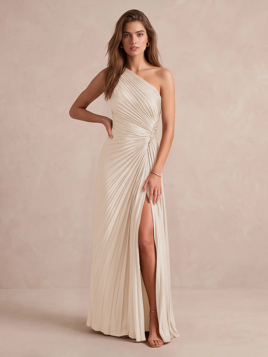 Olive Green A Line Floor Length Pleated Satin Wedding Guest Dresses One Shoulder Formal Dresses