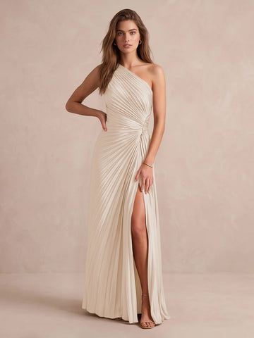 Olive Green A Line Floor Length Pleated Satin Wedding Guest Dresses One Shoulder Formal Dresses